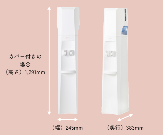 クリクラFitのサイズ カバー付きの場合（高さ）1,291mm×（幅）245mm×（奥行）383mm